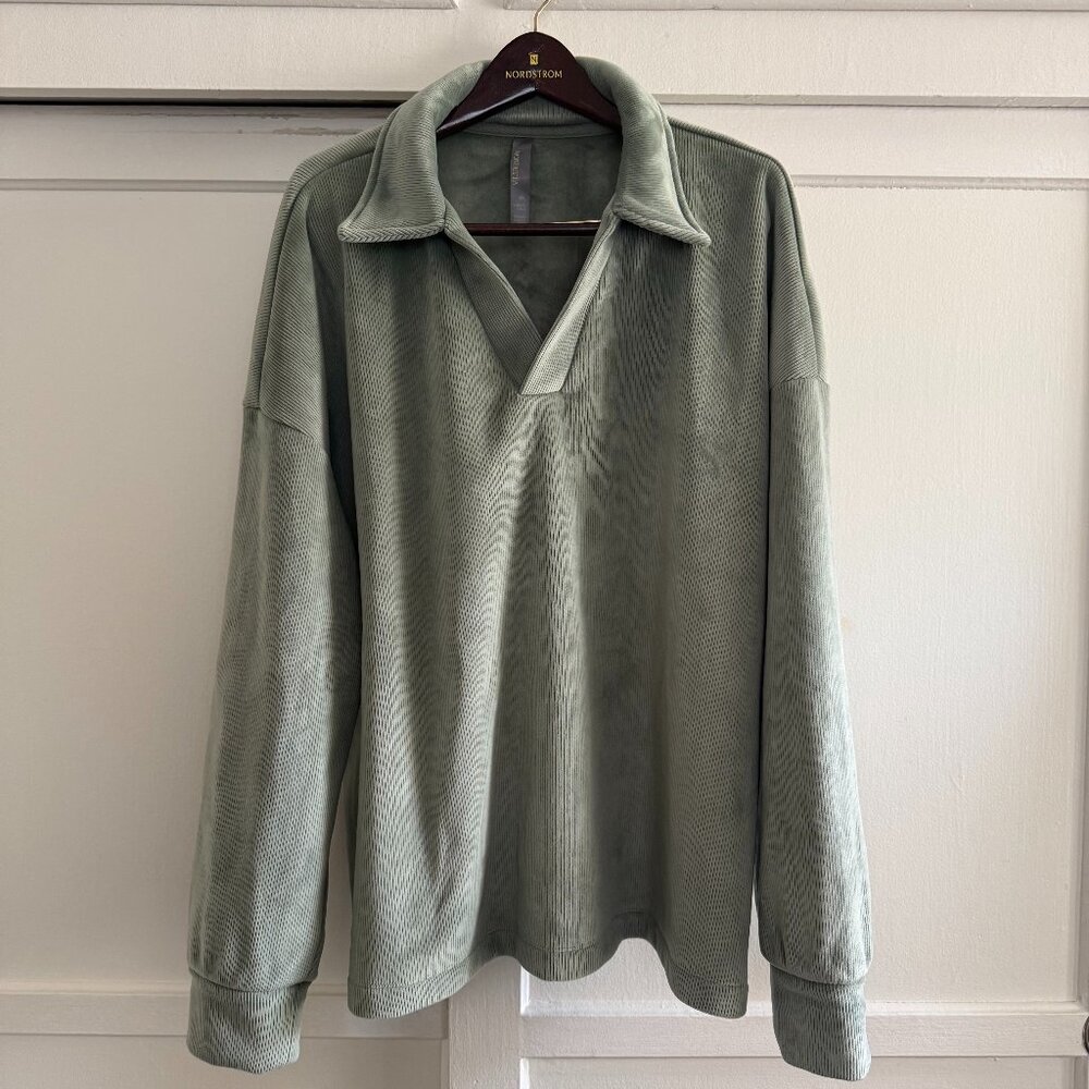 Sage Green Corduroy V-Neck Shirt – Soft Textured, Size XXL